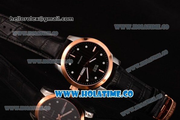 Mido Commander Miyota Quartz Steel Case with Rose Gold Bezel and Black Dial - Click Image to Close