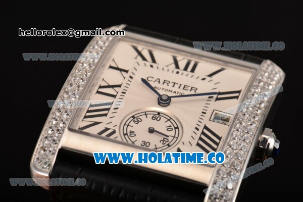 Cartier Tank MC Miyota 9015 Automatic Steel Case with White Dial Roman Numeral Markers and Diamonds Bezel - 1:1 Original - Click Image to Close