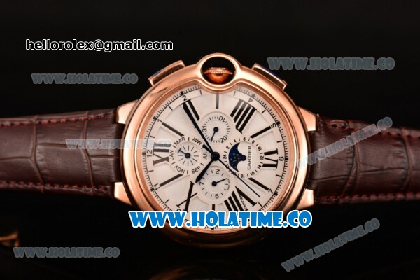 Cartier Ballon Bleu De 44MM Asia Automatic Rose Gold Case with White Dial Black Roman Numeral Markers and Brown Leather Strap - Click Image to Close