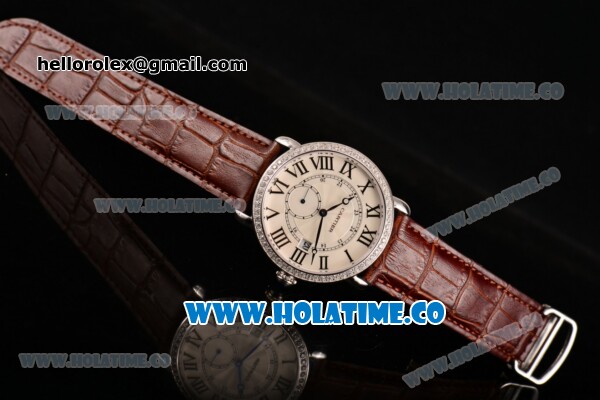 Cartier Rotonde De Asia Manual Winding Steel Case with White Dial Diamonds Bezel and Black Roman Numeral Markers - Click Image to Close