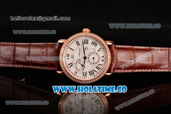 Cartier Rotonde Second Time Zone Day/Night Asia Manual Winding Rose Gold Case with White Dial Diamonds Bezel and Black Roman Numeral Markers - Click Image to Close
