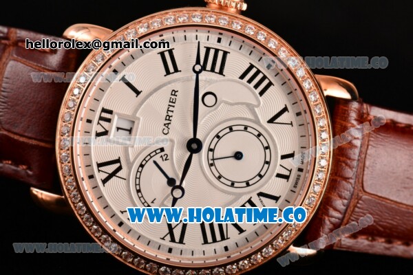 Cartier Rotonde Second Time Zone Day/Night Asia Manual Winding Rose Gold Case with White Dial Diamonds Bezel and Black Roman Numeral Markers - Click Image to Close