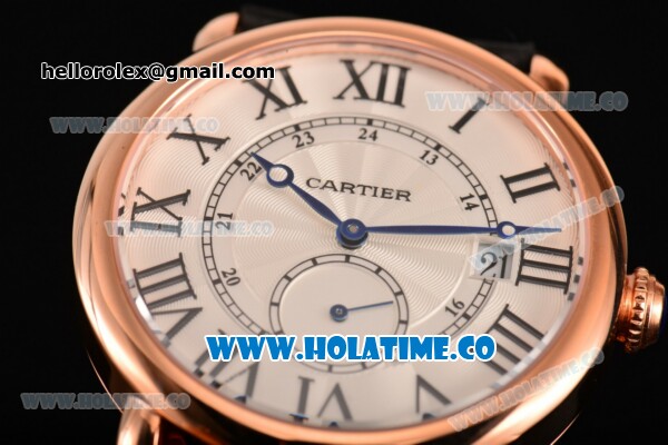 Cartier Rotonde De Asia Manual Winding Rose Gold Case with Black Roman Numeral Markers White Dial and Black Leather Strap - Click Image to Close