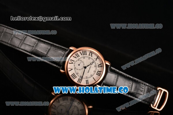 Cartier Rotonde De Asia Manual Winding Rose Gold Case with Black Roman Numeral Markers White Dial and Black Leather Strap - Click Image to Close