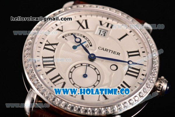Cartier Rotonde Second Time Zone Day/Night Asia Manual Winding Steel Case with White Dial Diamonds Bezel and Black Roman Numeral Markers - Click Image to Close