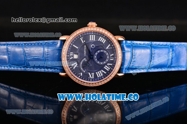 Cartier Rotonde Second Time Zone Day/Night Asia Manual Winding Rose Gold Case with Blue Dial Diamonds Bezel and White Roman Numeral Markers - Click Image to Close