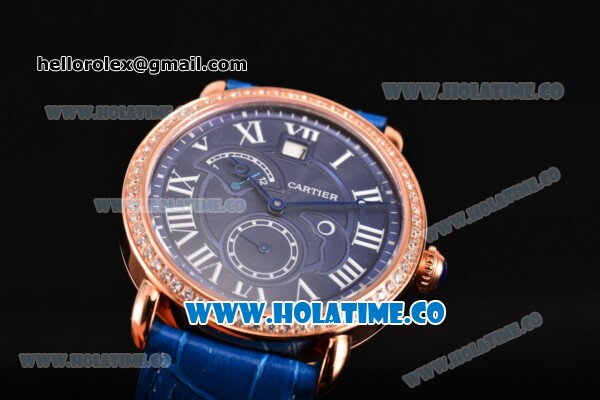 Cartier Rotonde Second Time Zone Day/Night Asia Manual Winding Rose Gold Case with Blue Dial Diamonds Bezel and White Roman Numeral Markers - Click Image to Close