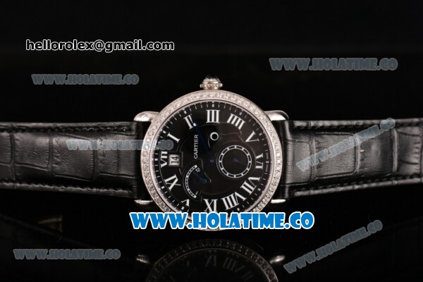 Cartier Rotonde Second Time Zone Day/Night Asia Manual Winding Steel Case with Black Dial Diamonds Bezel and White Roman Numeral Markers - Click Image to Close