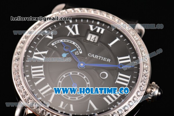 Cartier Rotonde Second Time Zone Day/Night Asia Manual Winding Steel Case with Black Dial Diamonds Bezel and White Roman Numeral Markers - Click Image to Close