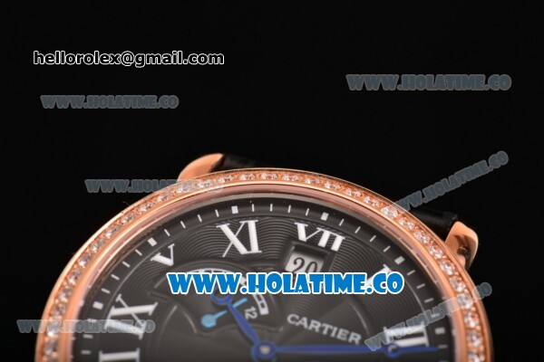 Cartier Rotonde Second Time Zone Day/Night Asia Manual Winding Rose Gold Case with Black Dial Diamonds Bezel and White Roman Numeral Markers - Click Image to Close