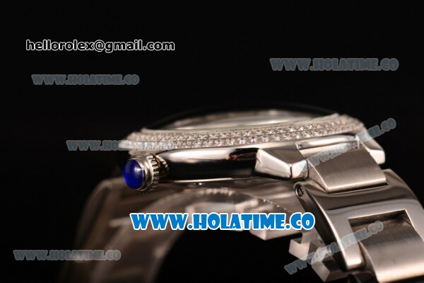 Cartier Rotonde De Miyota Quartz Steel Case/Bracelet with White Dial Diamonds Bezel and Black Roman Numeral Markers - Click Image to Close