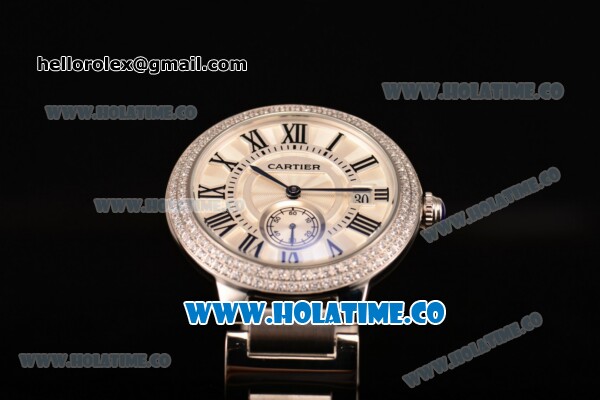 Cartier Rotonde De Miyota Quartz Steel Case/Bracelet with White Dial Diamonds Bezel and Black Roman Numeral Markers - Click Image to Close