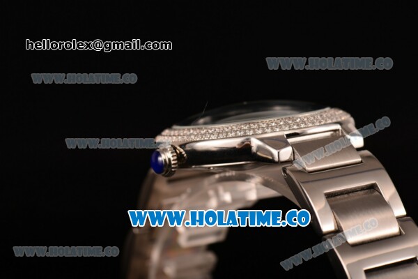 Cartier Rotonde De Miyota Quartz Steel Case/Bracelet with Black Dial Diamonds Bezel and Black Roman Numeral Markers - Click Image to Close