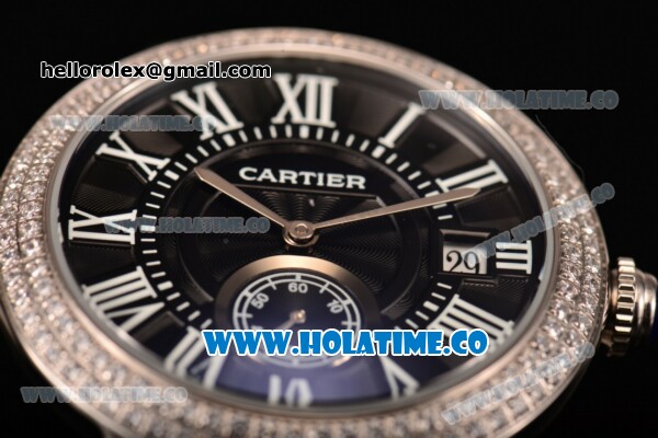 Cartier Rotonde De Miyota Quartz Steel Case/Bracelet with Black Dial Diamonds Bezel and Black Roman Numeral Markers - Click Image to Close