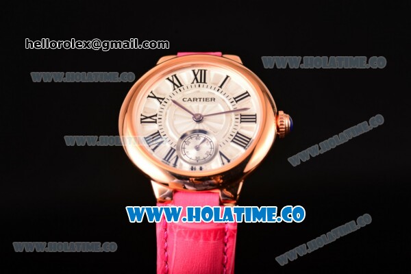 Cartier Ballon Bleu De Small Swiss Quartz Rose Gold Case with White Dial Black Roman Numeral Markers and Hot Pink Leather Strap - Click Image to Close