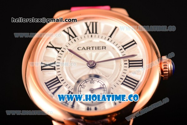 Cartier Ballon Bleu De Small Swiss Quartz Rose Gold Case with White Dial Black Roman Numeral Markers and Hot Pink Leather Strap - Click Image to Close