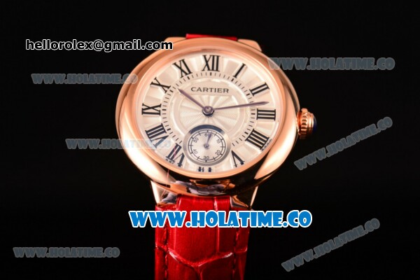 Cartier Ballon Bleu De Small Swiss Quartz Rose Gold Case with White Dial Black Roman Numeral Markers and Red Leather Strap - Click Image to Close