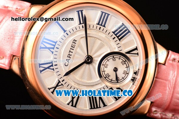 Cartier Ballon Bleu De Small Swiss Quartz Rose Gold Case with White Dial Black Roman Numeral Markers and Pink Leather Strap - Click Image to Close