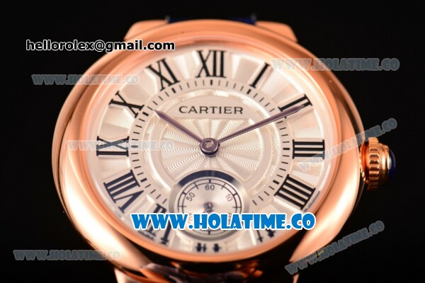 Cartier Ballon Bleu De Small Swiss Quartz Rose Gold Case with White Dial Black Roman Numeral Markers and Blue Leather Strap - Click Image to Close