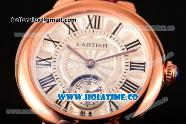 Cartier Ballon Bleu De Small Swiss Quartz Rose Gold Case with White Dial Black Roman Numeral Markers and Burgundy Leather Strap - Click Image to Close
