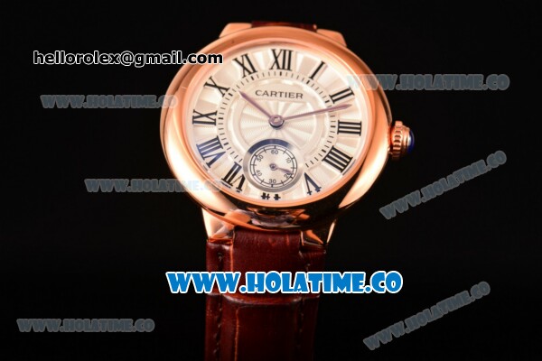 Cartier Ballon Bleu De Small Swiss Quartz Rose Gold Case with White Dial Black Roman Numeral Markers and Brown Leather Strap - Click Image to Close