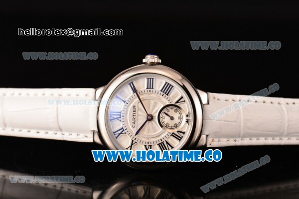 Cartier Ballon Bleu De Small Swiss Quartz Steel Case with White Dial Black Roman Numeral Markers and White Leather Strap - Click Image to Close