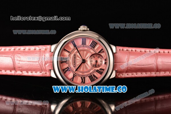 Cartier Ballon Bleu De Small Swiss Quartz Steel Case with Pink Dial Roman Numeral Markers and Pink Leather Strap - Click Image to Close