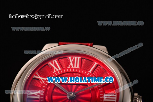 Cartier Ballon Bleu De Small Swiss Quartz Steel Case with Red Dial White Roman Numeral Markers and Red Leather Strap - Click Image to Close
