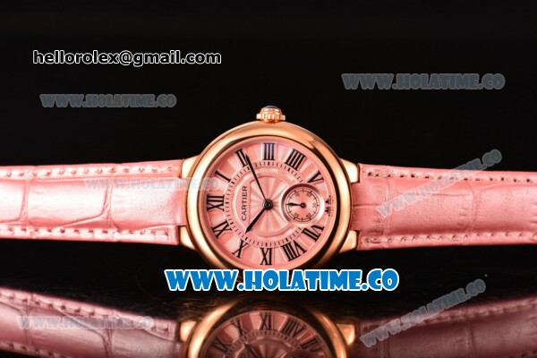 Cartier Ballon Bleu De Small Swiss Quartz Rose Gold Case with Pink Dial Black Roman Numeral Markers and Pink Leather Strap - Click Image to Close