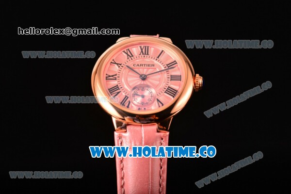 Cartier Ballon Bleu De Small Swiss Quartz Rose Gold Case with Pink Dial Black Roman Numeral Markers and Pink Leather Strap - Click Image to Close