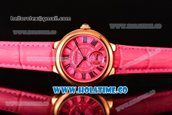 Cartier Ballon Bleu De Small Swiss Quartz Rose Gold Case with Hot Pink Dial Black Roman Numeral Markers and Hot Pink Leather Strap - Click Image to Close