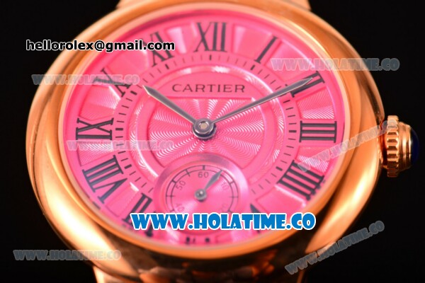 Cartier Ballon Bleu De Small Swiss Quartz Rose Gold Case with Hot Pink Dial Black Roman Numeral Markers and Hot Pink Leather Strap - Click Image to Close