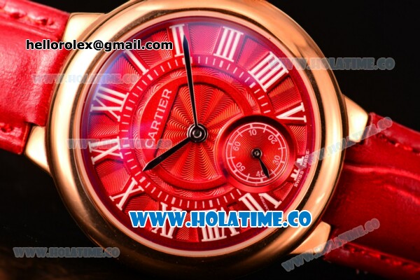Cartier Ballon Bleu De Small Swiss Quartz Rose Gold Case with Red Dial White Roman Numeral Markers and Red Leather Strap - Click Image to Close