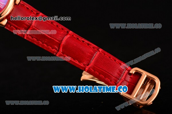 Cartier Ballon Bleu De Small Swiss Quartz Rose Gold Case with Red Dial White Roman Numeral Markers and Red Leather Strap - Click Image to Close