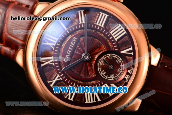 Cartier Ballon Bleu De Small Swiss Quartz Rose Gold Case with Brown Dial White Roman Numeral Markers and Brown Leather Strap - Click Image to Close