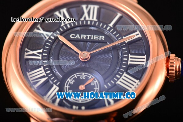 Cartier Ballon Bleu De Small Swiss Quartz Rose Gold Case with Blue Dial White Roman Numeral Markers and Blue Leather Strap - Click Image to Close