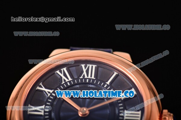 Cartier Ballon Bleu De Small Swiss Quartz Rose Gold Case with Blue Dial White Roman Numeral Markers and Blue Leather Strap - Click Image to Close