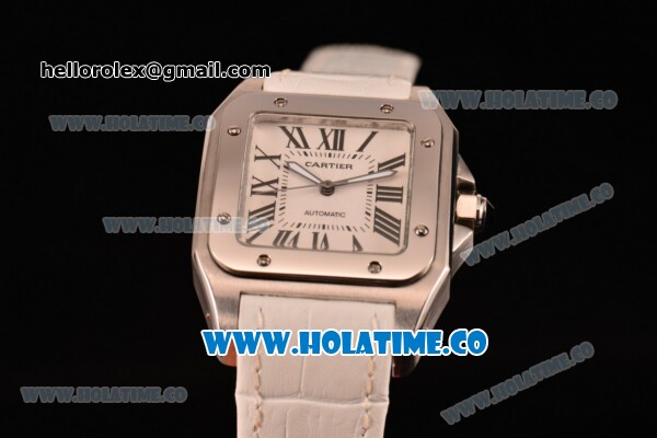 Cartier Santos 100 Large Asia Automatic Steel Case with White Leather Strap Black Roman Numeral Markers and White Dial - Click Image to Close