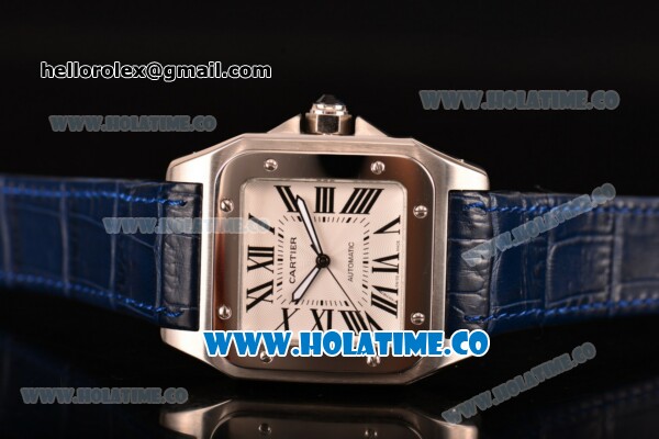 Cartier Santos 100 Large Asia Automatic Steel Case with Blue Leather Strap Black Roman Numeral Markers and White Dial - Click Image to Close