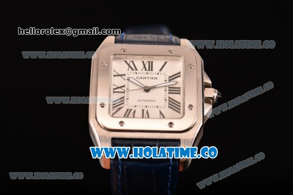 Cartier Santos 100 Large Asia Automatic Steel Case with Blue Leather Strap Black Roman Numeral Markers and White Dial - Click Image to Close