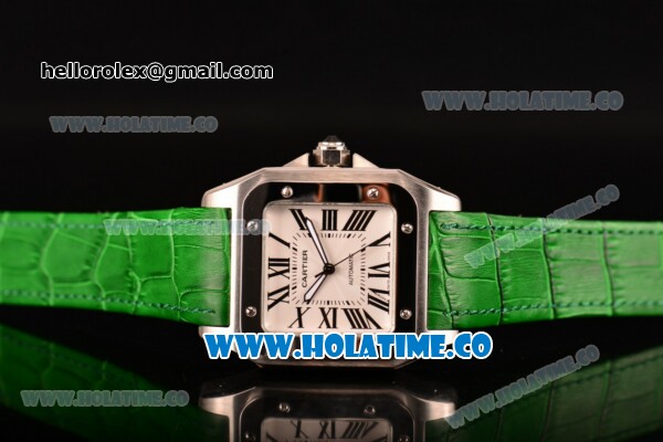 Cartier Santos 100 Large Asia Automatic Steel Case with Green Leather Strap Black Roman Numeral Markers and White Dial - Click Image to Close