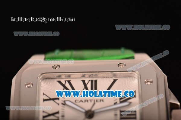 Cartier Santos 100 Large Asia Automatic Steel Case with Green Leather Strap Black Roman Numeral Markers and White Dial - Click Image to Close