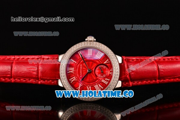 Cartier Ballon Bleu De Small Swiss Quartz Steel Case with Diamonds Bezel Red Dial and Red Leather Strap - White Markers - Click Image to Close