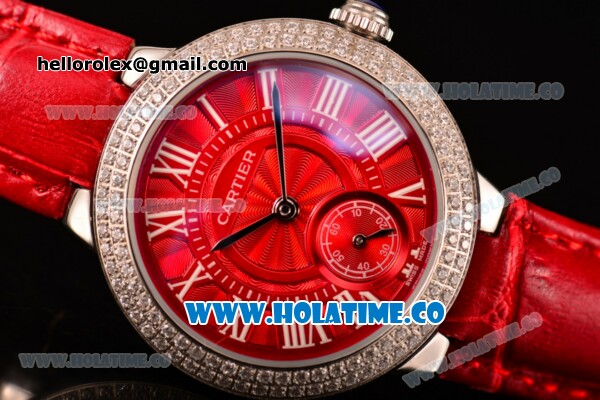 Cartier Ballon Bleu De Small Swiss Quartz Steel Case with Diamonds Bezel Red Dial and Red Leather Strap - White Markers - Click Image to Close