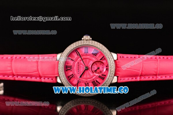 Cartier Ballon Bleu De Small Swiss Quartz Steel Case with Diamonds Bezel Hot Pink Dial and Hot Pink Leather Strap - Black Markers - Click Image to Close