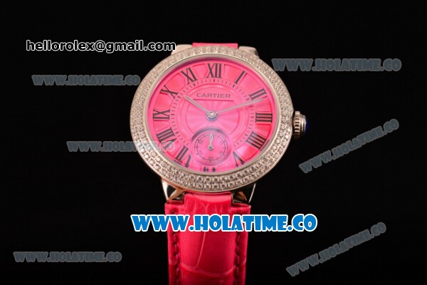 Cartier Ballon Bleu De Small Swiss Quartz Steel Case with Diamonds Bezel Hot Pink Dial and Hot Pink Leather Strap - Black Markers - Click Image to Close