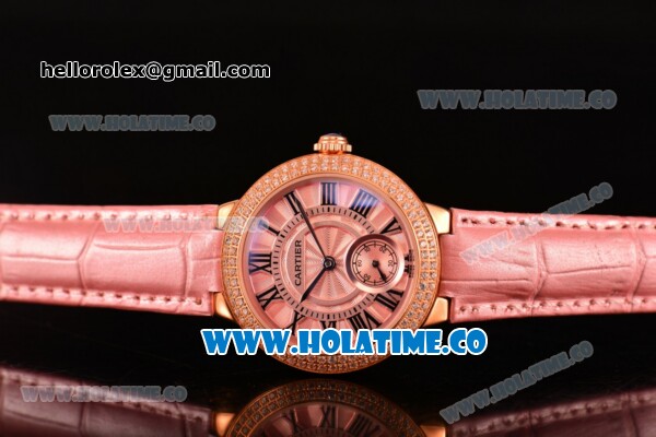 Cartier Ballon Bleu De Small Swiss Quartz Rose Gold Case with Diamonds Bezel Pink Dial and Pink Leather Strap - Black Markers - Click Image to Close