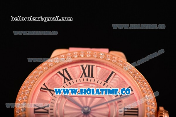 Cartier Ballon Bleu De Small Swiss Quartz Rose Gold Case with Diamonds Bezel Pink Dial and Pink Leather Strap - Black Markers - Click Image to Close