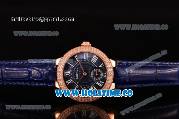 Cartier Ballon Bleu De Small Swiss Quartz Rose Gold Case with Diamonds Bezel Blue Dial and Blue Leather Strap - White Markers - Click Image to Close