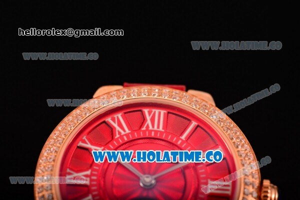 Cartier Ballon Bleu De Small Swiss Quartz Rose Gold Case with Diamonds Bezel Red Dial and Red Leather Strap - White Markers - Click Image to Close